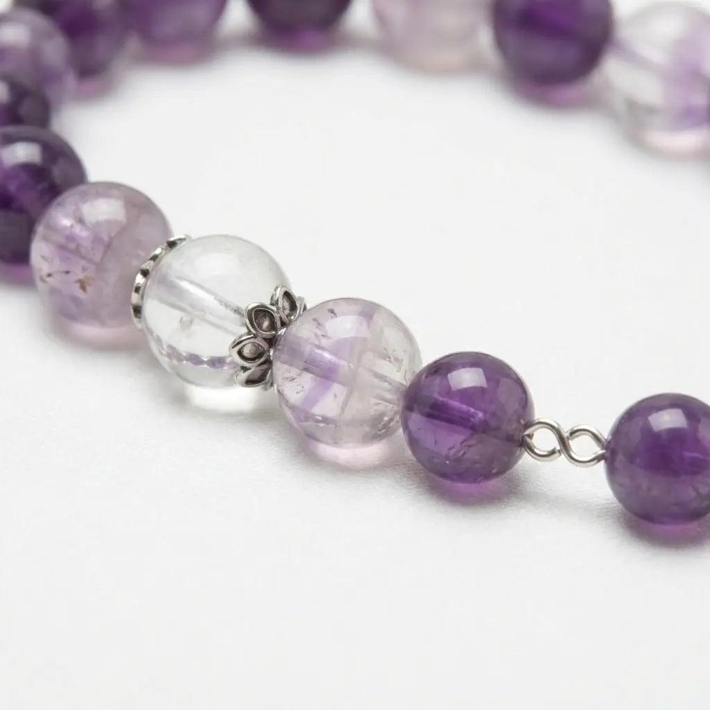 Détail des perles d'améthyste, perle de quartz et capuchon lotus argenté