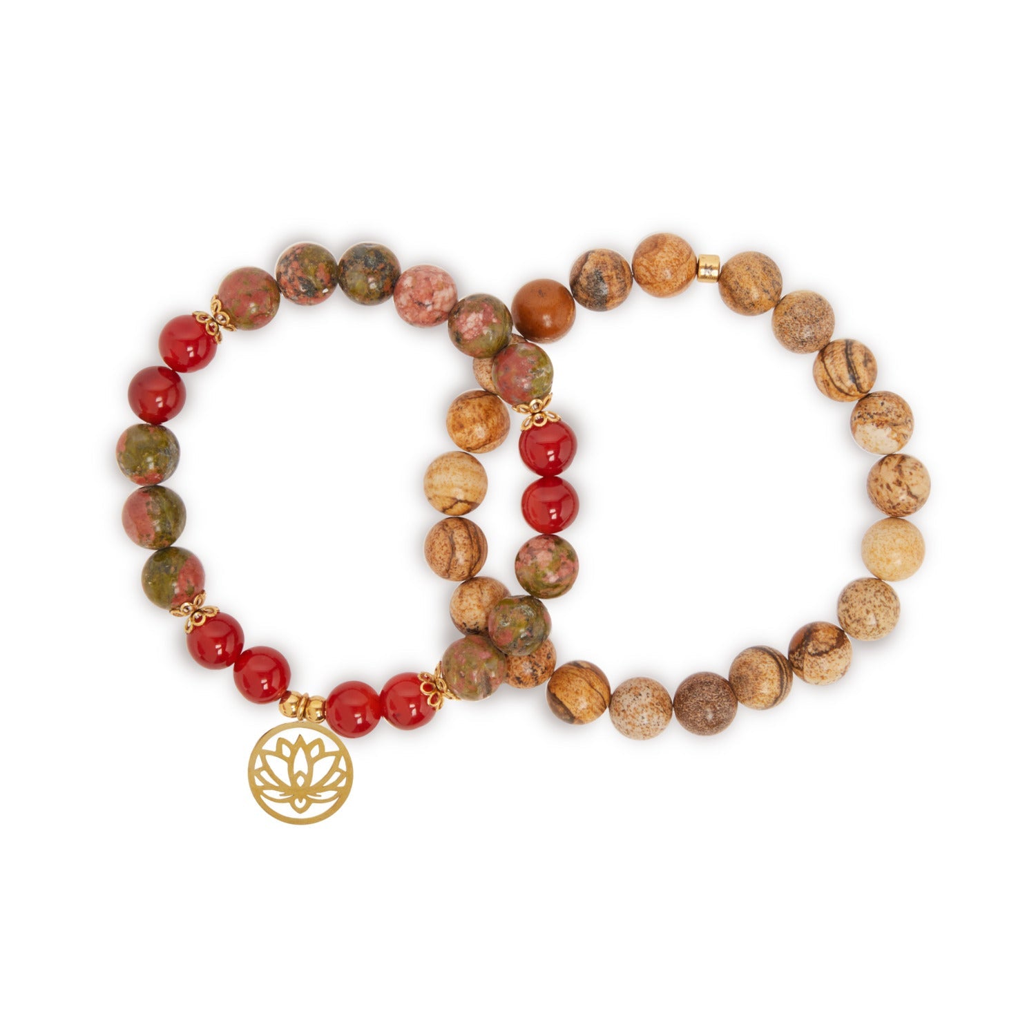 Double Bracelet "Changement Positif" en Unakite, Jaspe Paysage et Cornaline