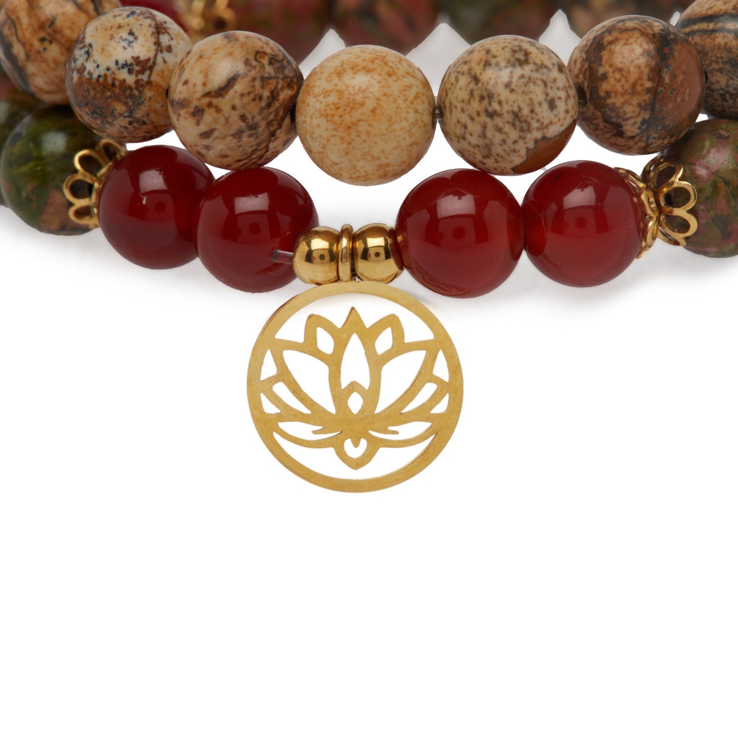 Double Bracelet "Changement Positif" en Unakite, Jaspe Paysage et Cornaline