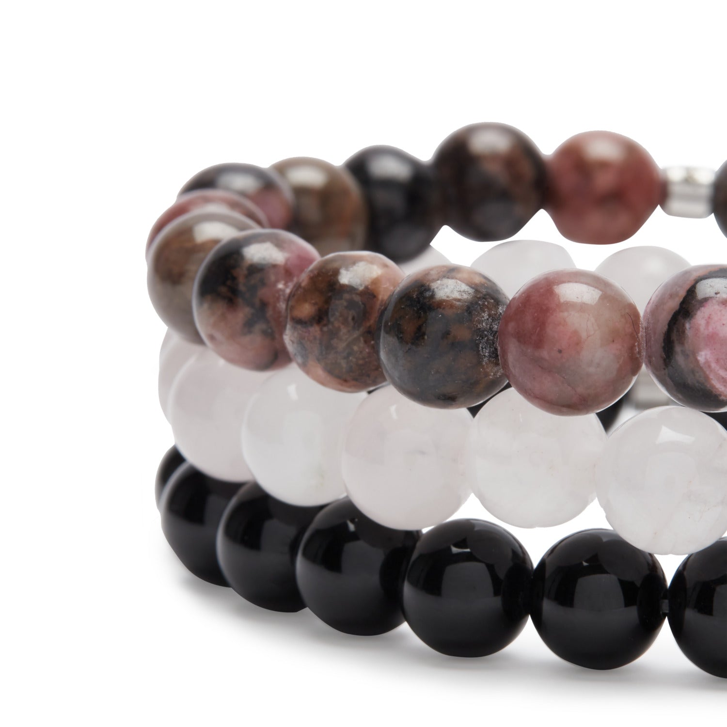 Triple “Trust in Love” Bracelet in Rose Quartz, Rhodonite and Onyx
