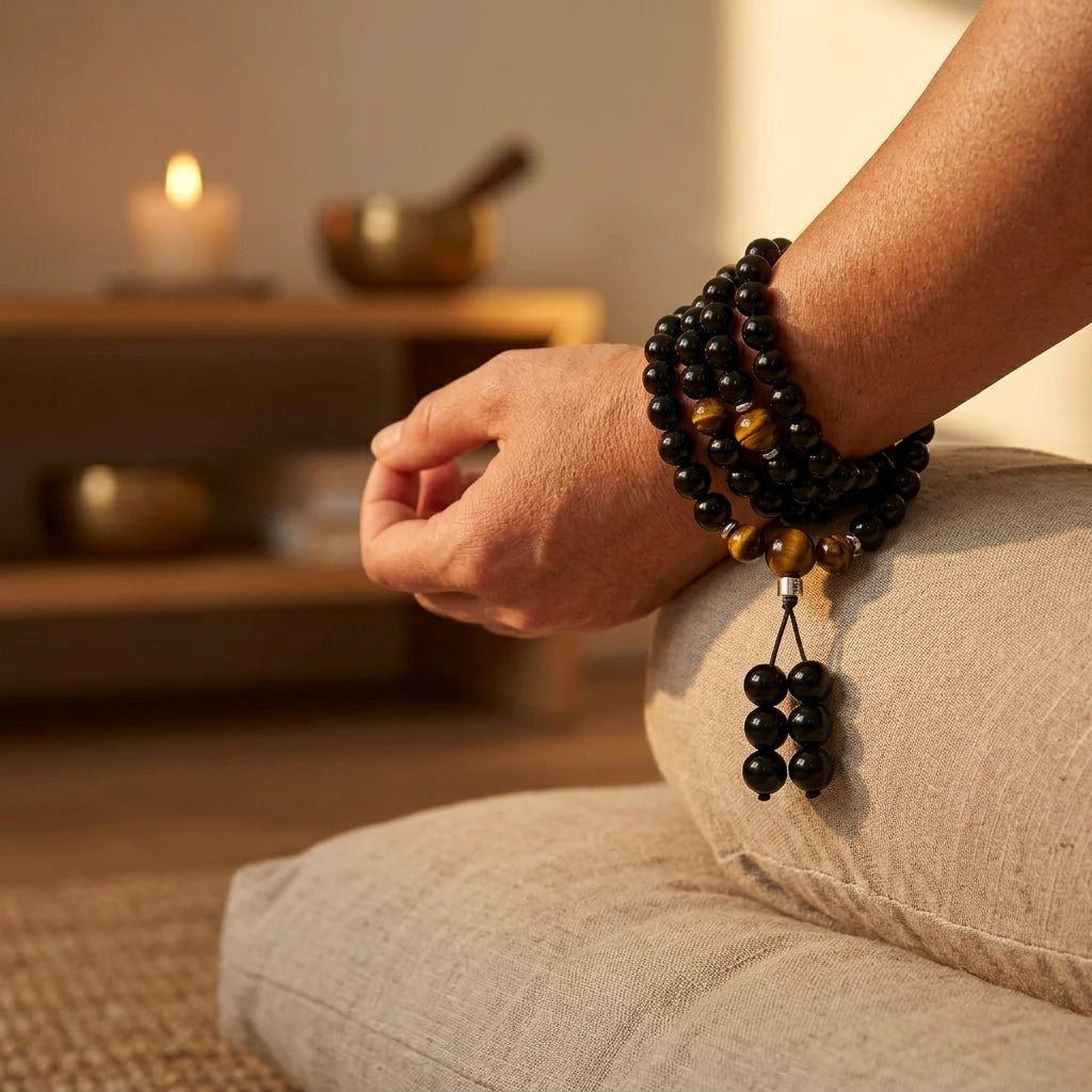 Bracelet Mala Bouddhiste en Obsidienne et Oeil de Tigre