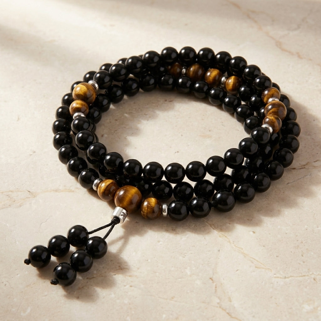 Bracelet Mala Bouddhiste en Obsidienne et Oeil de Tigre