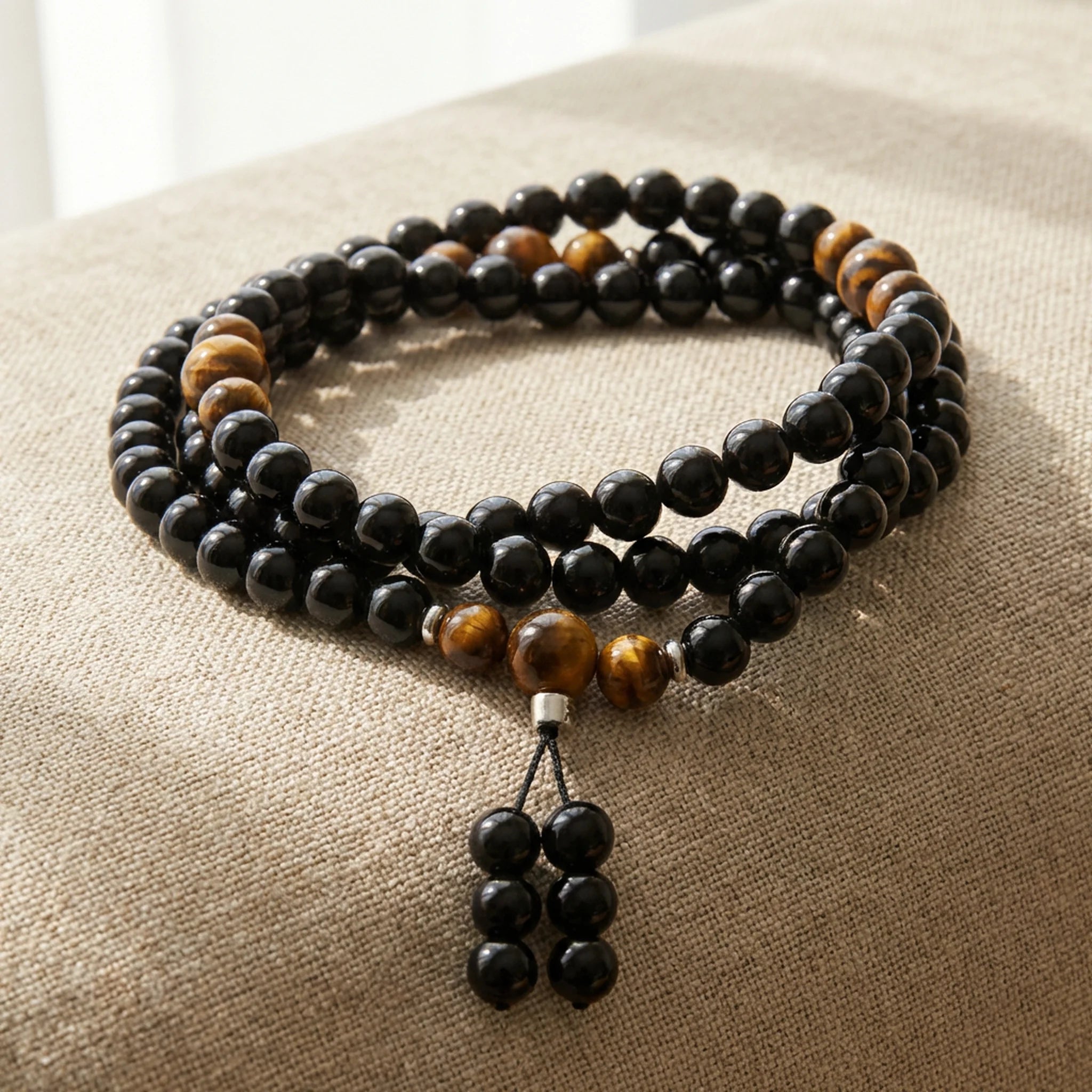 Mala Bouddhiste en Obsidienne et Oeil de Tigre