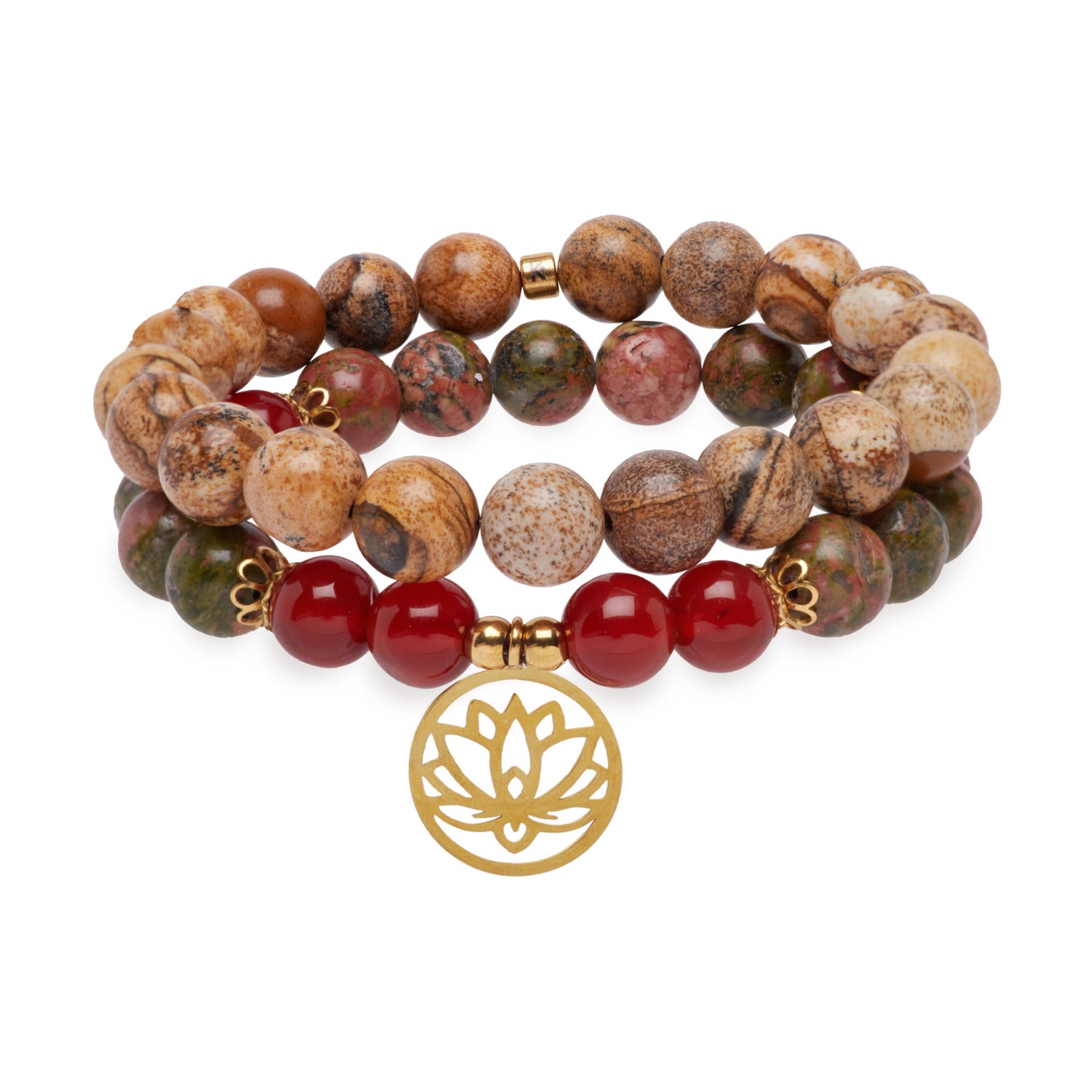 Double Bracelet "Changement Positif" en Unakite, Jaspe Paysage et Cornaline - Karma Yoga Shop