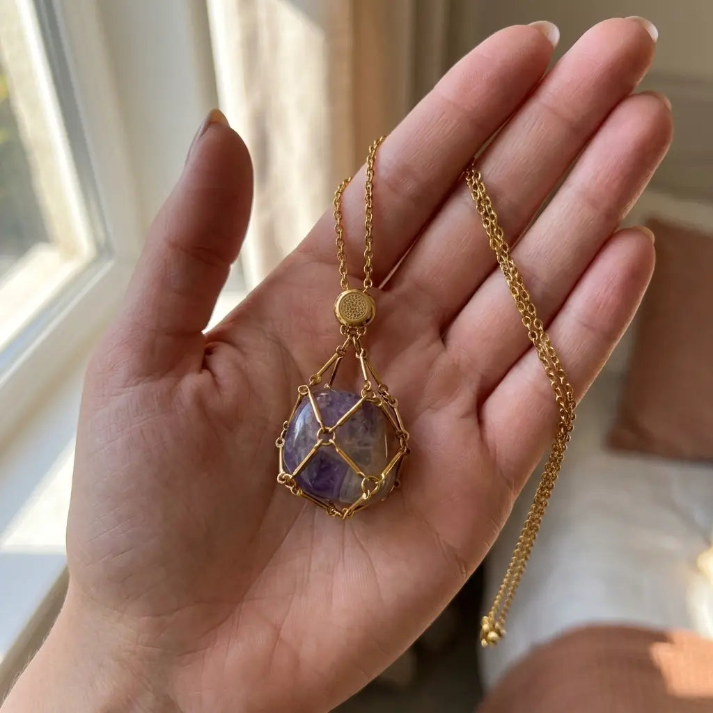 Collier porte-pierre améthyste tenu en main, taille réelle