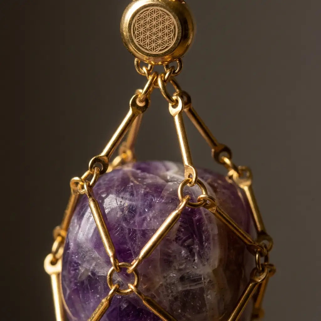 Détail macro de la cage dorée et de la pierre améthyste