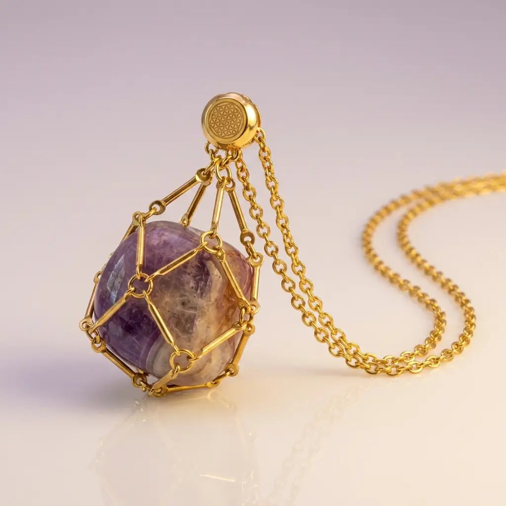 Collier porte-pierre améthyste doré, vue trois-quarts