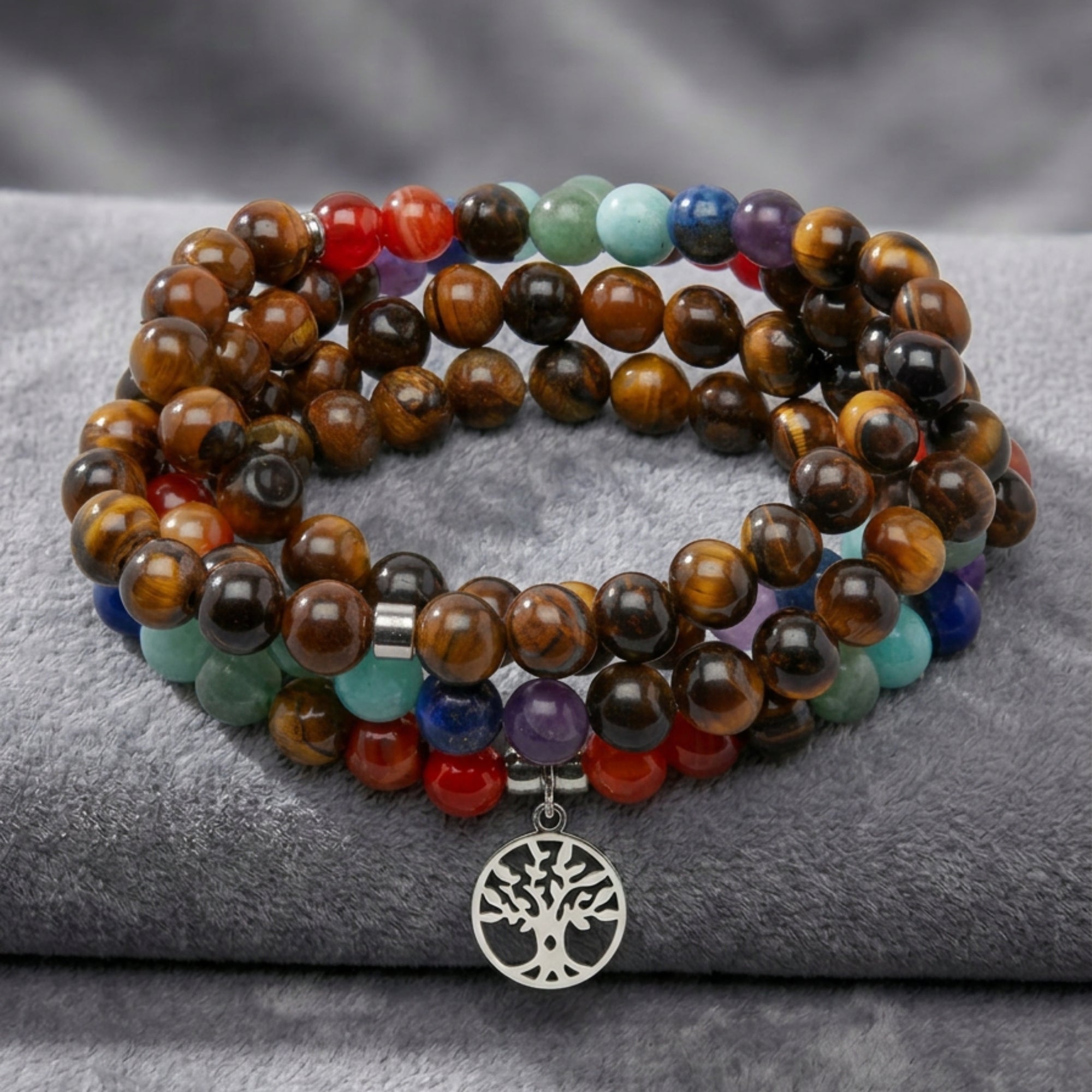 Bracelet mala 7 Chakras de Guérison en Oeil de Tigre