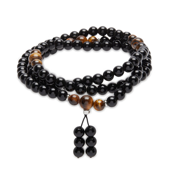 Mala Bouddhiste en Obsidienne et Oeil de Tigre