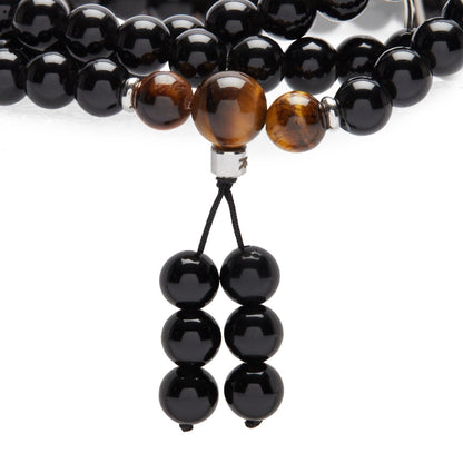 Bracelet Mala Bouddhiste en Obsidienne et Oeil de Tigre