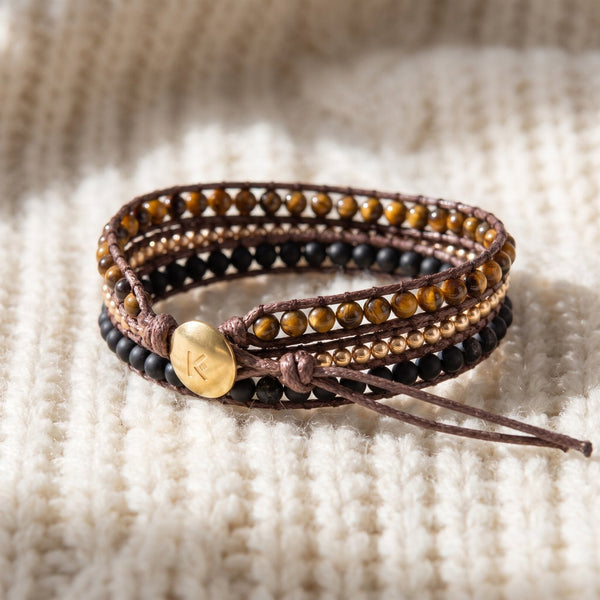 Bracelet Wrap "Confiance en soi" en Oeil de Tigre et Onyx Noir