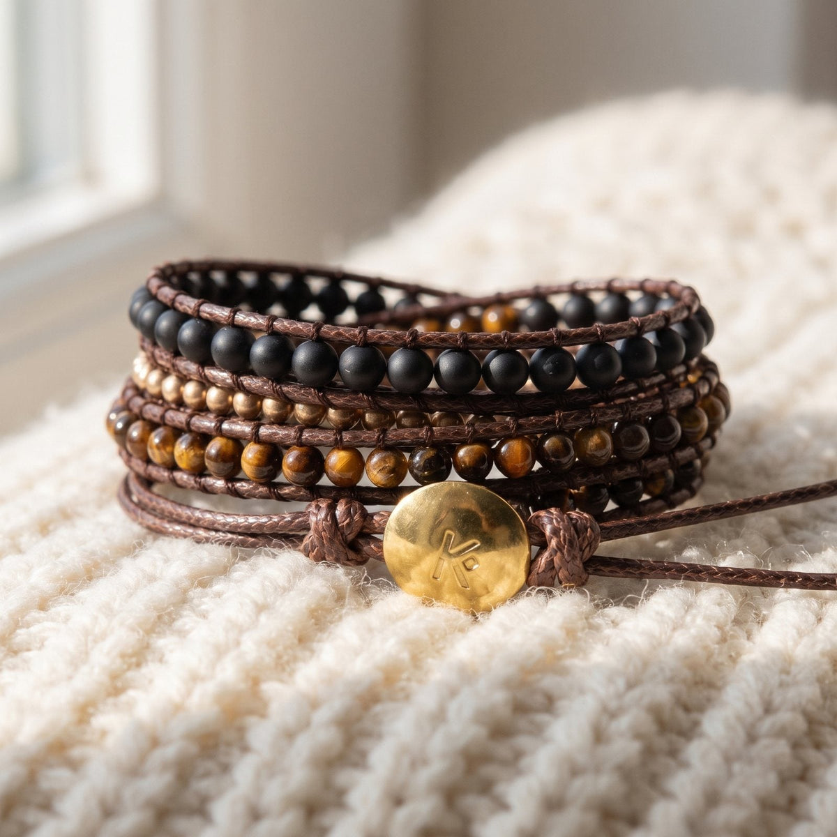 Bracelet Wrap "Confiance en soi" en Oeil de Tigre et Onyx Noir