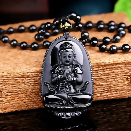“Vitality” Buddha Necklace &amp; Pendant in Black Obsidian
