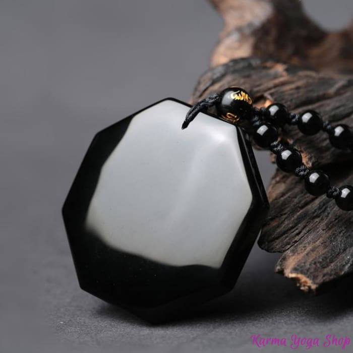 Necklace and Carved Pendant "Yin &amp; Yang" in Black Obsidian