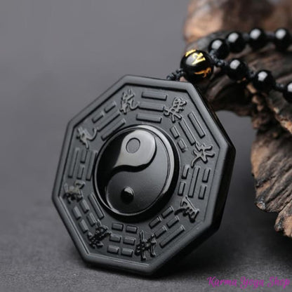 Necklace and Carved Pendant "Yin &amp; Yang" in Black Obsidian