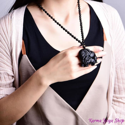 “Elephant and Protection” Necklace in Black Obsidian