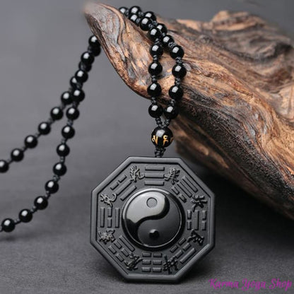 Necklace and Carved Pendant "Yin &amp; Yang" in Black Obsidian