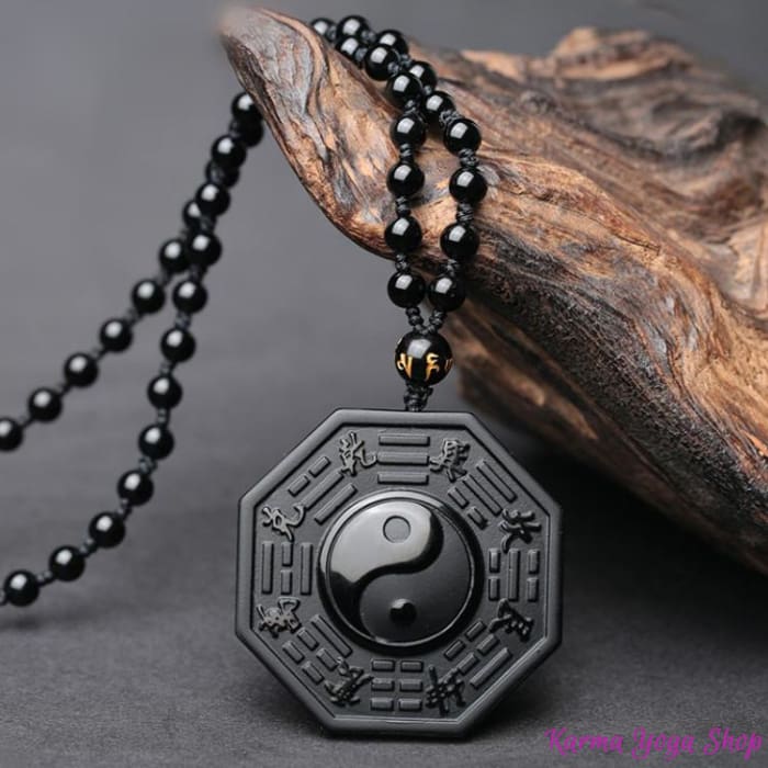 Collier et Pendentif sculpté "Yin & Yang" en Obsidienne Noire