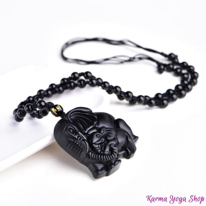 “Elephant and Protection” Necklace in Black Obsidian