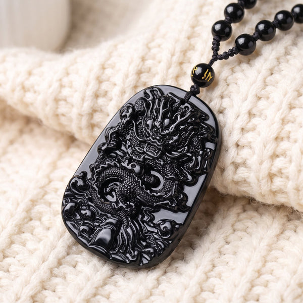 Collier Dragon en Obsidienne Noire