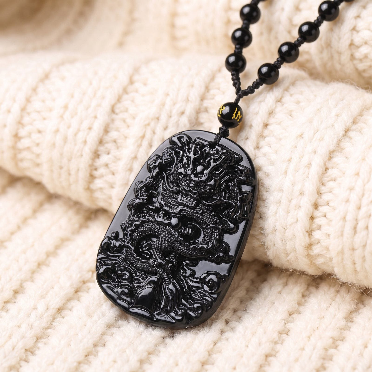 Collier Dragon en Obsidienne Noire