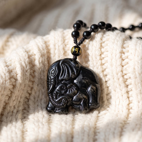 Collier "Éléphant et Protection" en Obsidienne Noire