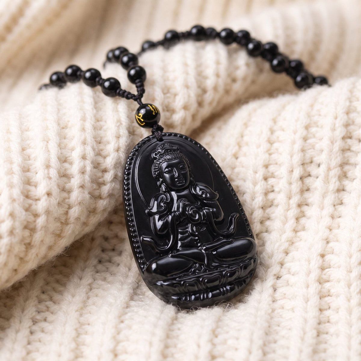 Collier & Pendentif Bouddha "Vitalité" en Obsidienne Noire