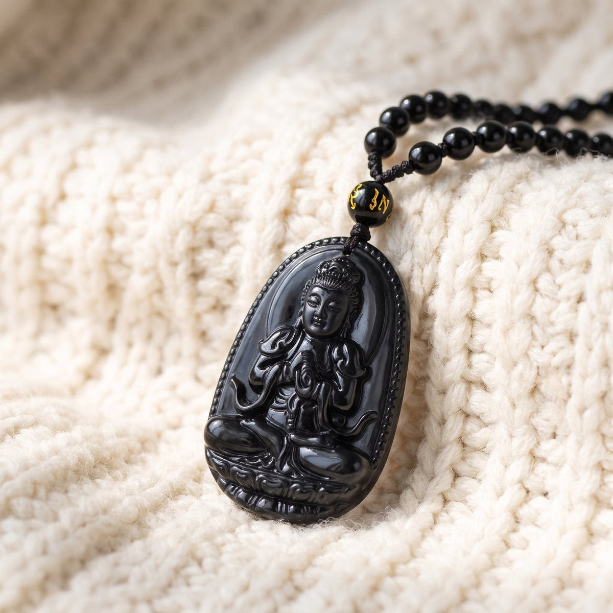 Collier & Pendentif Bouddha "Vitalité" en Obsidienne Noire