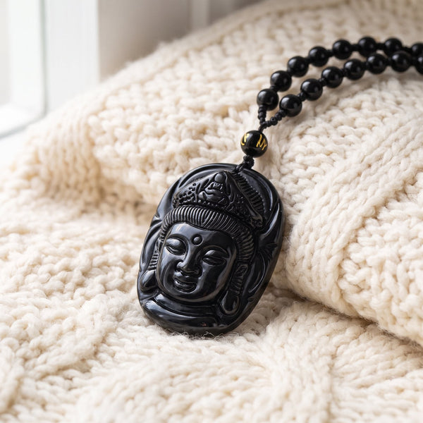 Collier "Tête de Guanyin" en Obsidienne Noire