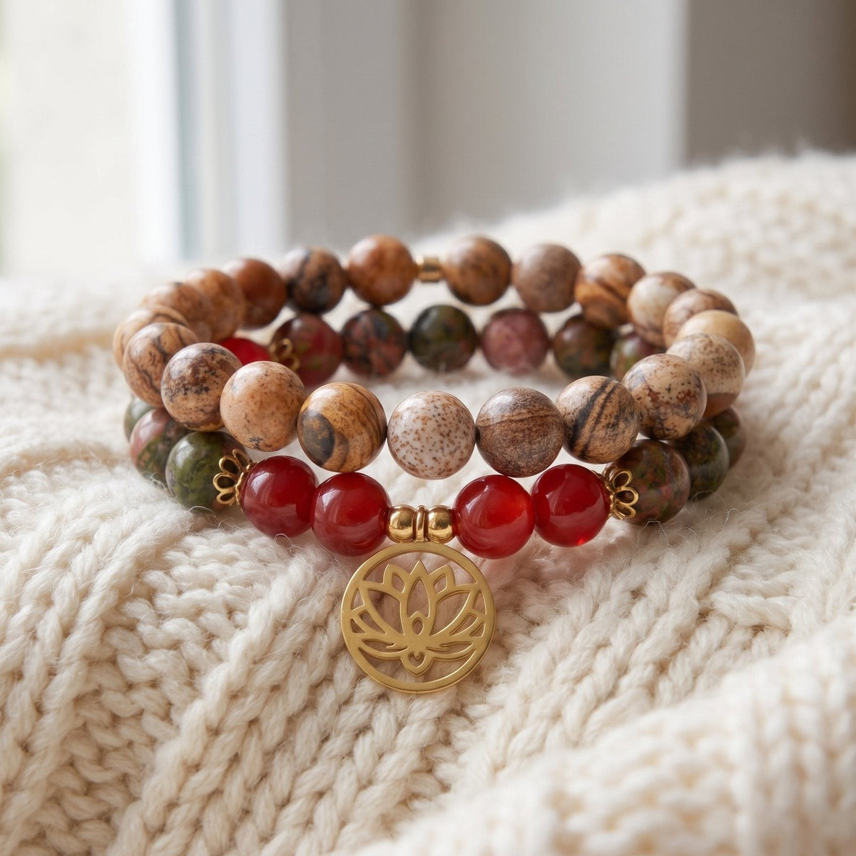Double Bracelet "Changement Positif" en Unakite, Jaspe Paysage et Cornaline