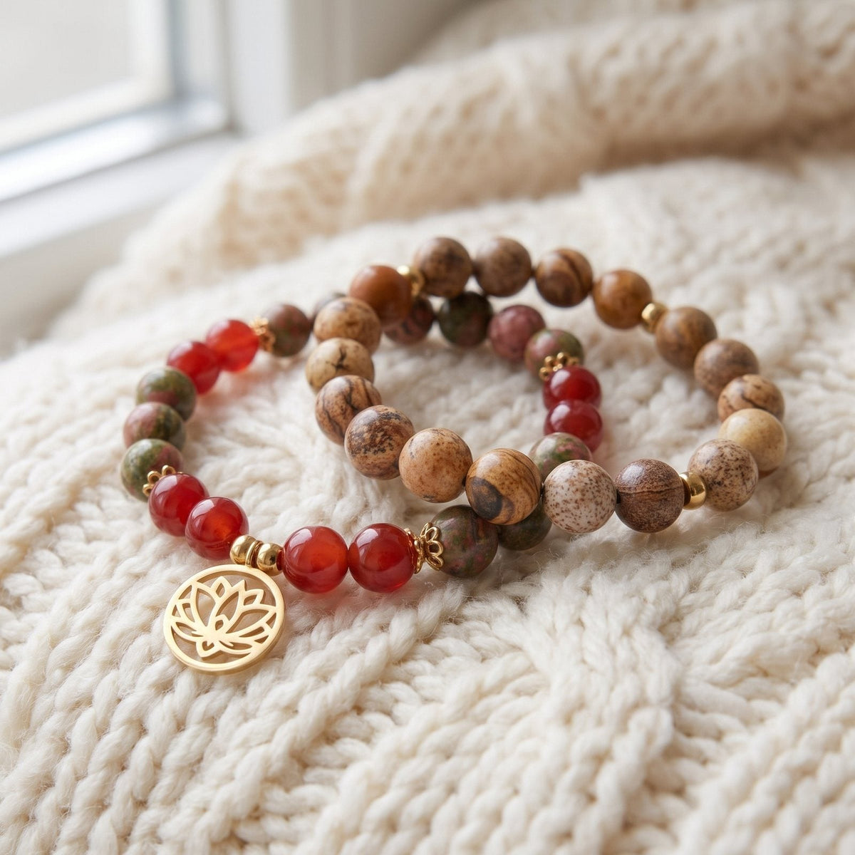 Double Bracelet "Changement Positif" en Unakite, Jaspe Paysage et Cornaline