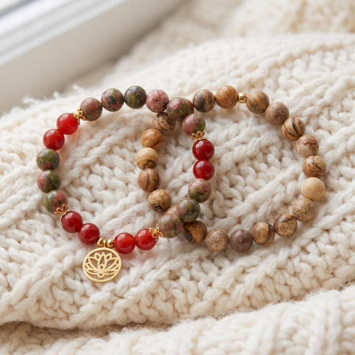 Double Bracelet "Changement Positif" en Unakite, Jaspe Paysage et Cornaline
