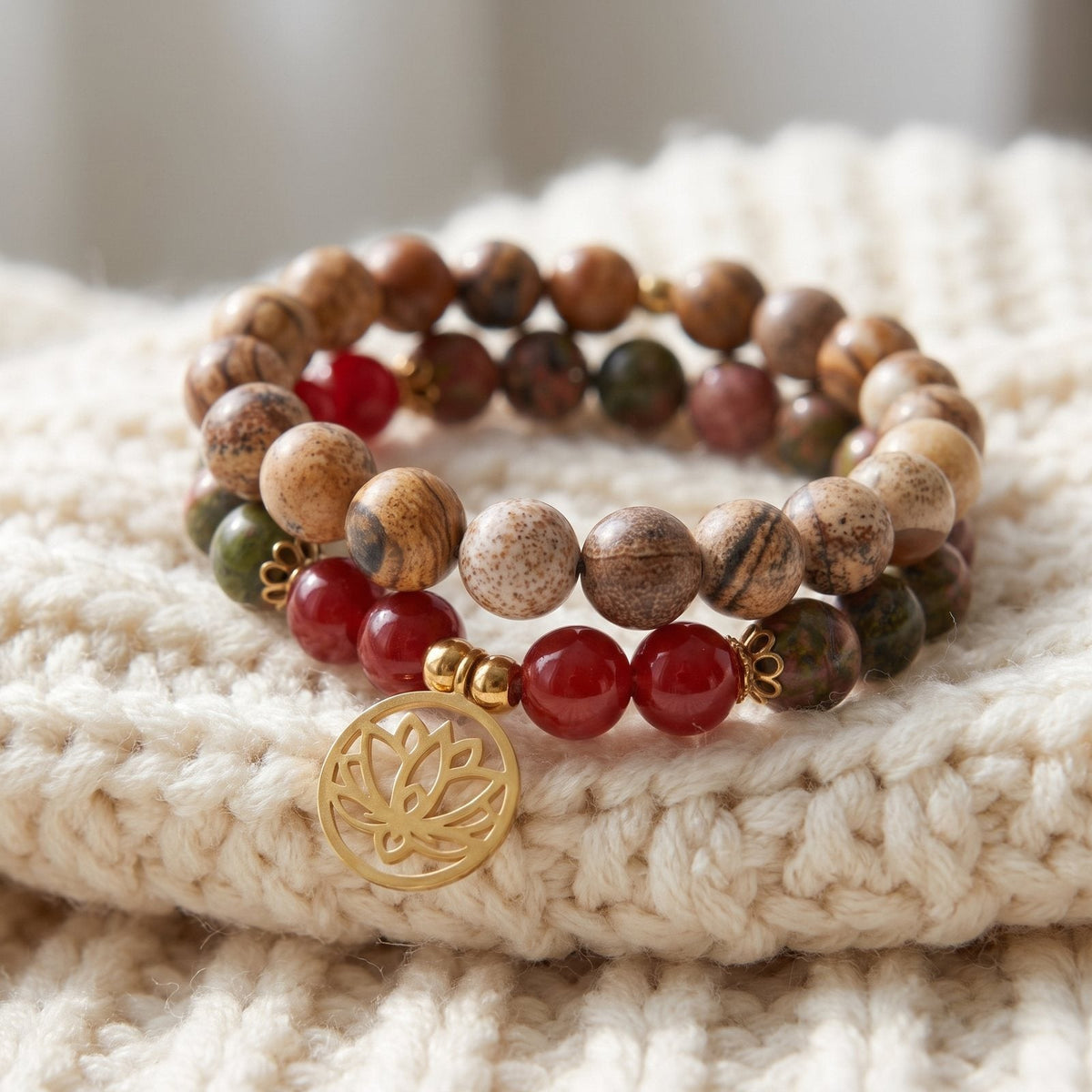 Double Bracelet "Changement Positif" en Unakite, Jaspe Paysage et Cornaline