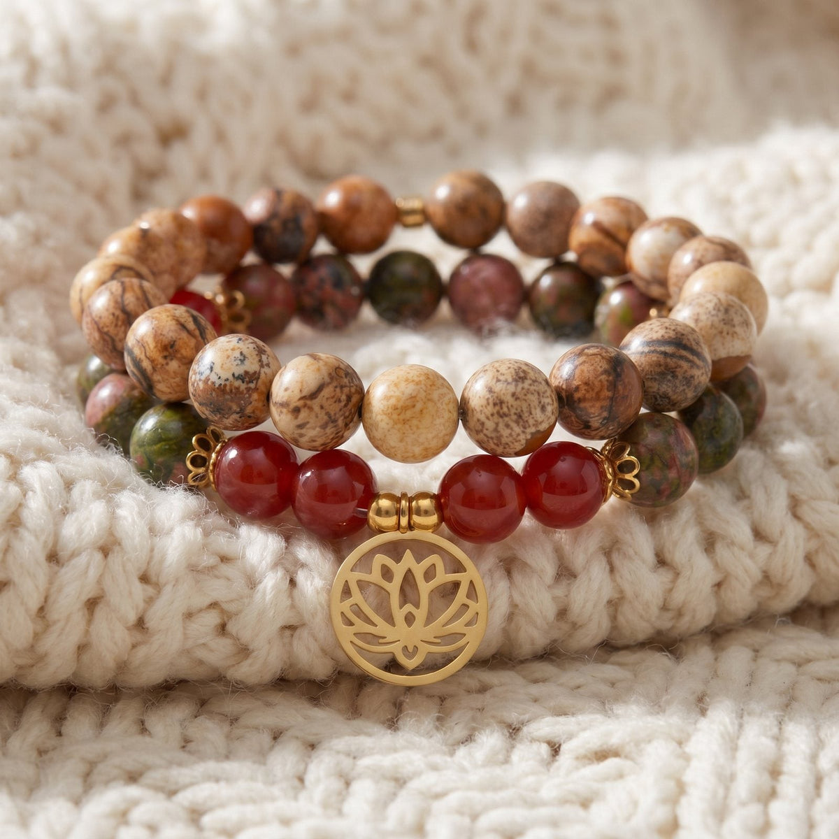 Double Bracelet "Changement Positif" en Unakite, Jaspe Paysage et Cornaline