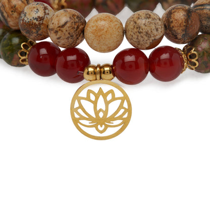 Double Bracelet "Changement Positif" en Unakite, Jaspe Paysage et Cornaline