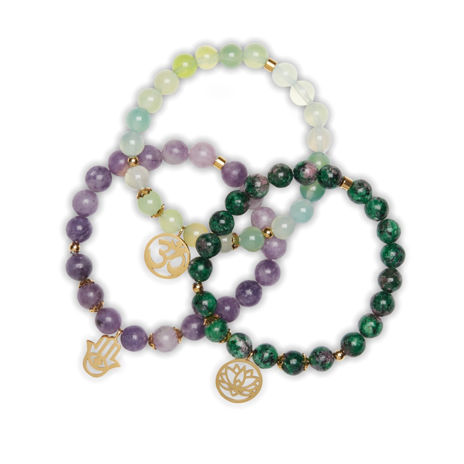 Triple Bracelets "Libération Émotionnelle" en Lépidolite, Clinozoïsite et Agate Raisin