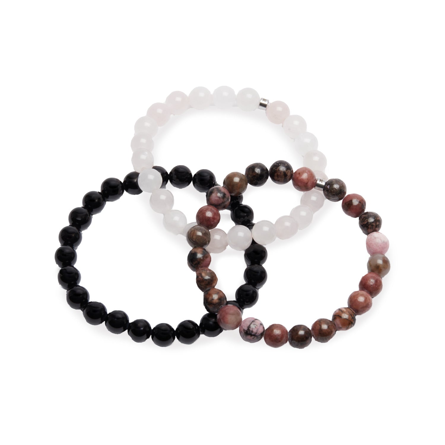 Triple Bracelet "Confiance en l'Amour" en Quartz Rose, Rhodonite et Onyx