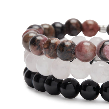 Triple “Trust in Love” Bracelet in Rose Quartz, Rhodonite and Onyx