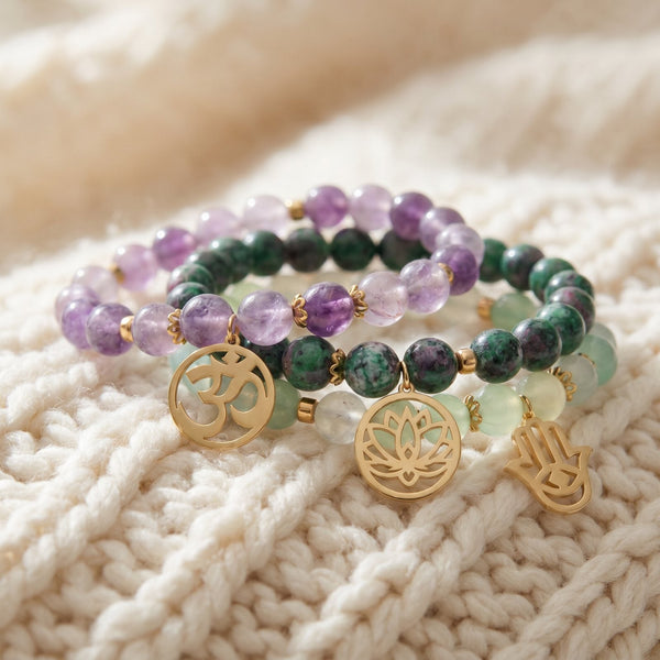 Triple Bracelets "Libération Émotionnelle" en Lépidolite, Clinozoïsite et Agate Raisin