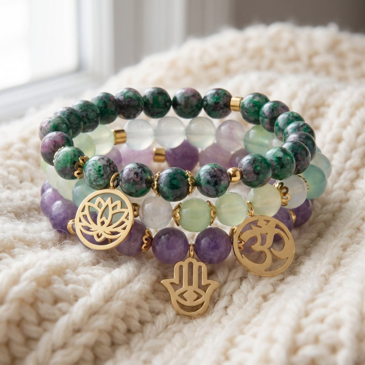 Triple Bracelets "Libération Émotionnelle" en Lépidolite, Clinozoïsite et Agate Raisin