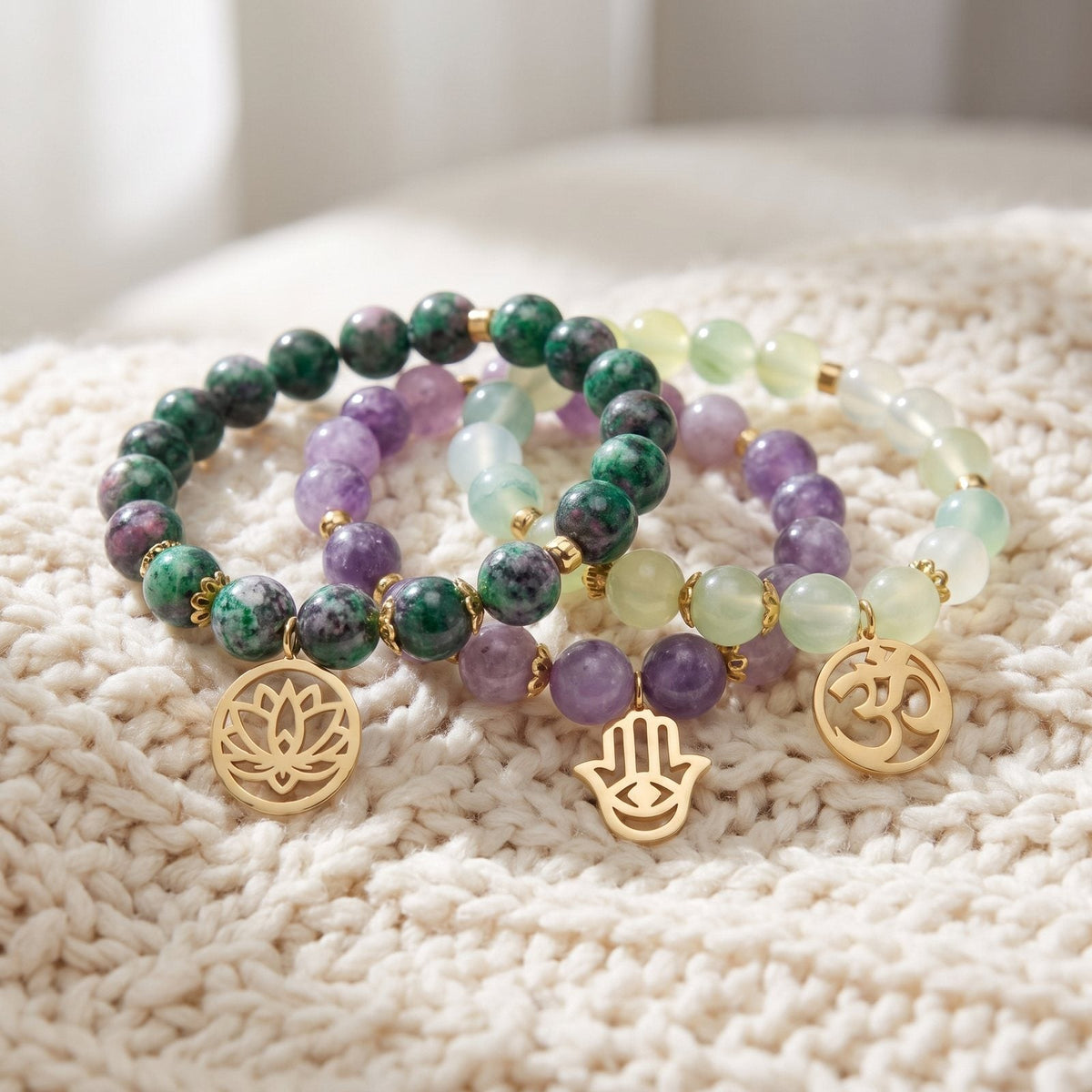Triple Bracelets "Libération Émotionnelle" en Lépidolite, Clinozoïsite et Agate Raisin