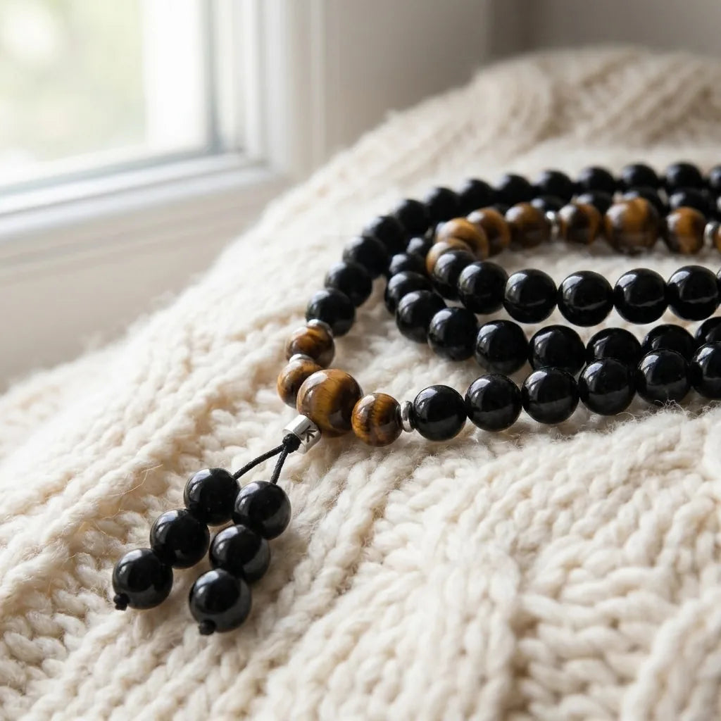 Mala Bouddhiste en Obsidienne et Oeil de Tigre
