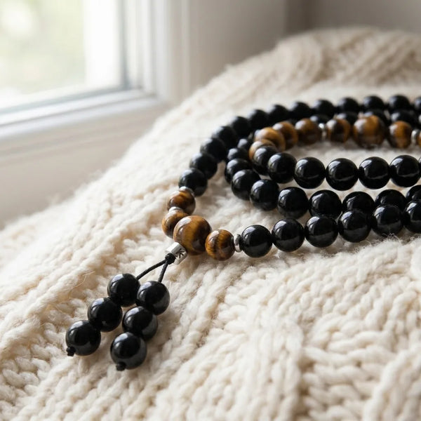 Mala Bouddhiste en Obsidienne et Oeil de Tigre