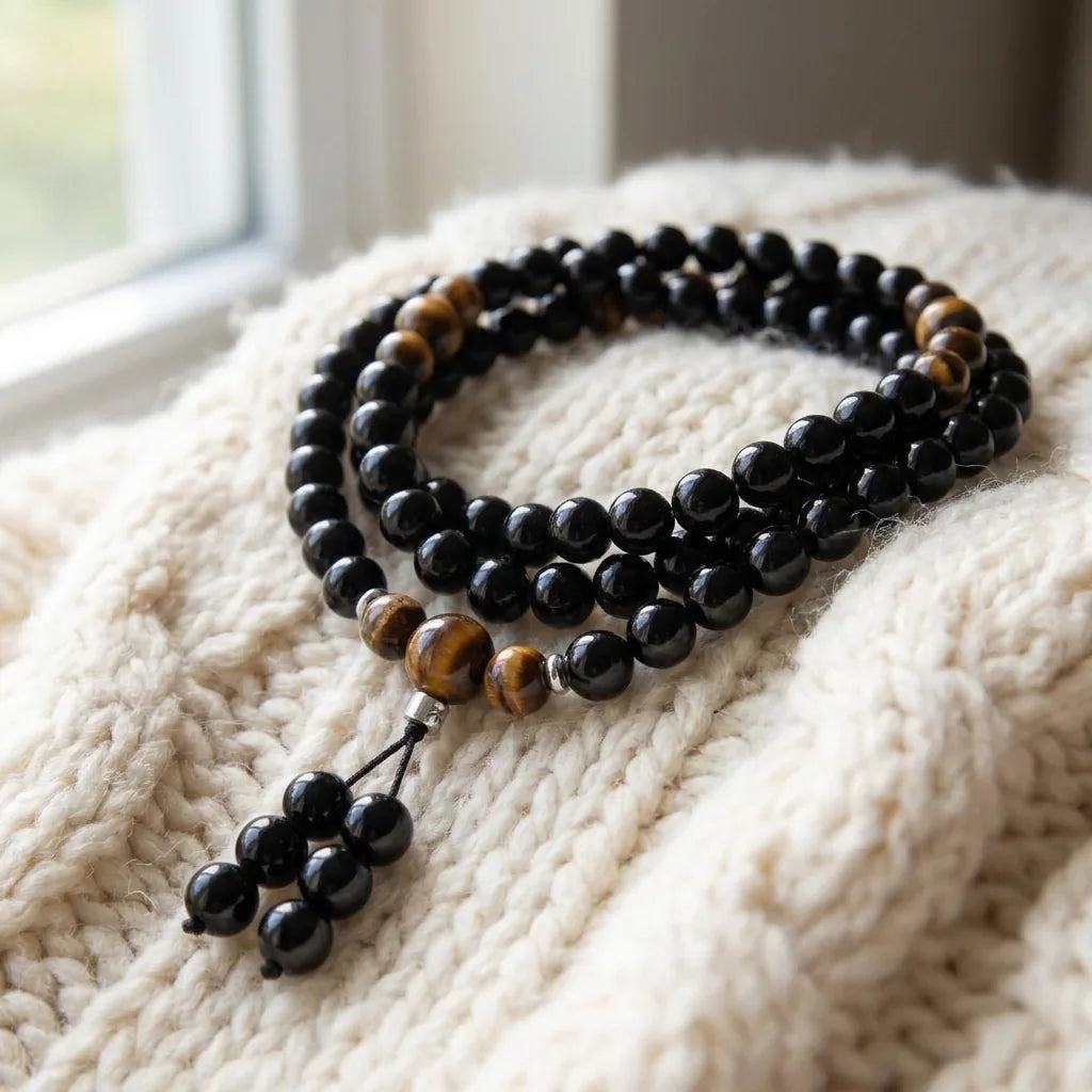 Mala Bouddhiste en Obsidienne et Oeil de Tigre
