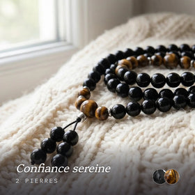 Mala Bouddhiste en Obsidienne et Oeil de Tigre