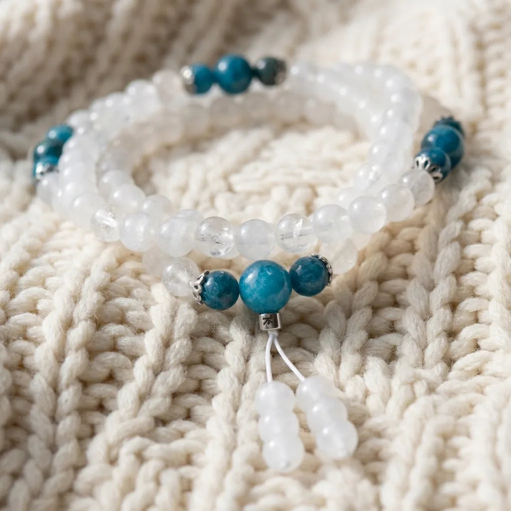 Mala Guan Yin en Pierre de Lune & Apatite Bleue