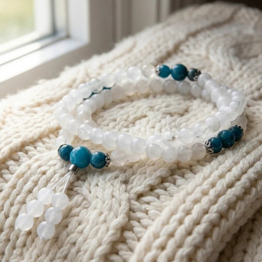 Mala Guan Yin en Pierre de Lune & Apatite Bleue
