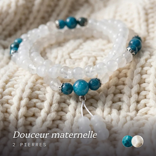 Mala "Guan Yin" en Pierre de Lune et Apatite Bleue