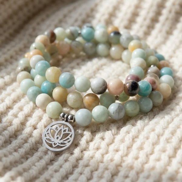 Mala "Lotus" de 108 perles en Amazonite
