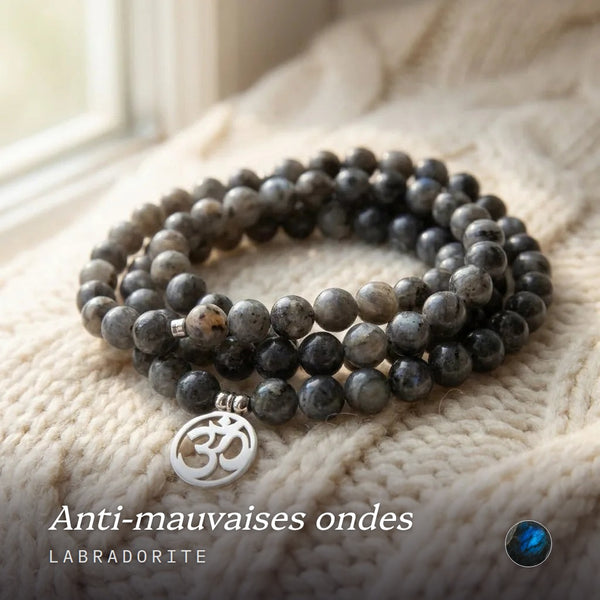 Mala "Om" de 108 perles en Labradorite Grise
